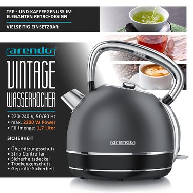 Arendo Retro Stainless Steel Kettle - 2.2L, 2200W, Cool Grey - Electric Kettle with Removable Scale Filter & Auto Shutoff