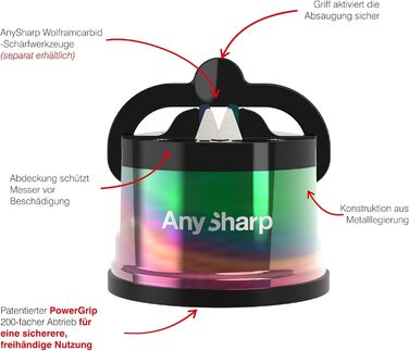 AnySharp Pro металевий точильник для ножів, безпечний, з присоскою PowerGrip, для кухонних ножів з твердого сталі та серрейтором, найкраща якість
