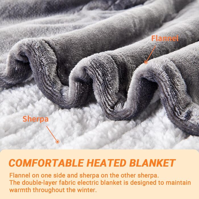 Електрична ковдра з підігрівом 180x200 см, 10 режимів нагріву, таймер автовимкнення, захист від перегріву, машинне прання, для теплих ночей, темно-сірий колір
