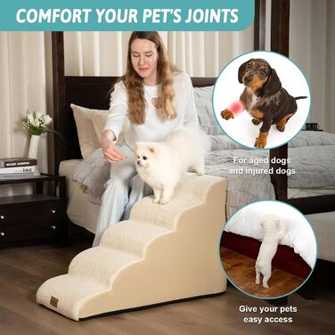 COZY KISS Dog Stairs for Small Dogs 57cm, Pet Stairs for Loft Beds made of High-Density Sponge, Dog Stairs/Ramp with Washable Cover and Non-Slip Bottom, 40x84x57cm, 5 Steps, Beige