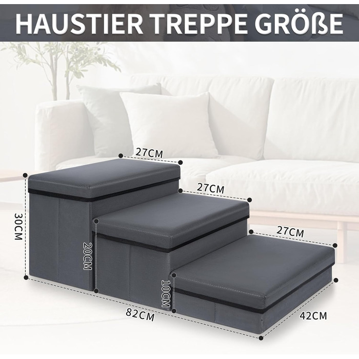 Сходинка для тварин Haustiertreppe: компактна складна сходинка для собак та котів, 3 сходинки, сіра, вантажопідйомність 30 кг