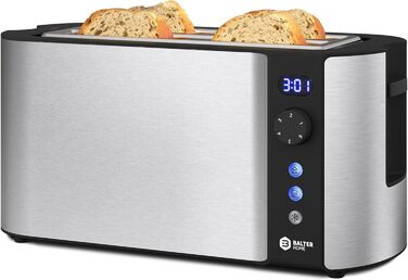 Тостер Balter TS-04-LCD на 4 тости, довга щілина, нержавіюча сталь, підставка для булочок, LCD-дисплей з таймером, функція розморожування, центрування хліба, піддон для крихт, колір сріблястий