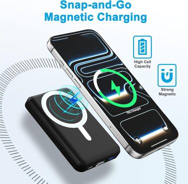 Бездротовий Power Bank AOGUERBE MagSafe 10000mAh, зовнішній акумулятор з магнітним кріпленням, швидка зарядка 22.5W, USB-C, для iPhone 17/16/15/14/13/12 Pro Max (Чорний)
