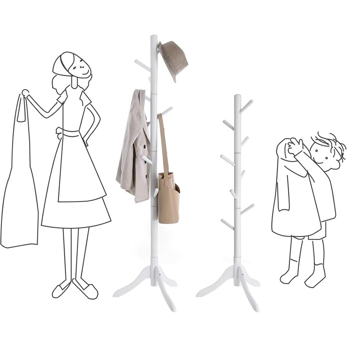 VASAGLE Coat Rack, Solid Wood Clothes Rack, Coat Stand with 8 Hooks, Tree Shape, 3 Adjustable Heights, for Coats, Jackets, Bags, for Entryway, Bedroom, RCR01GY (White)