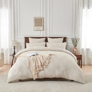 Богемна постільна білизна Boho 135x200 бежевого кольору з туфетою, геометричний візерунок, мікрофібра, комплект 2 шт. (135x200 + 80x80)