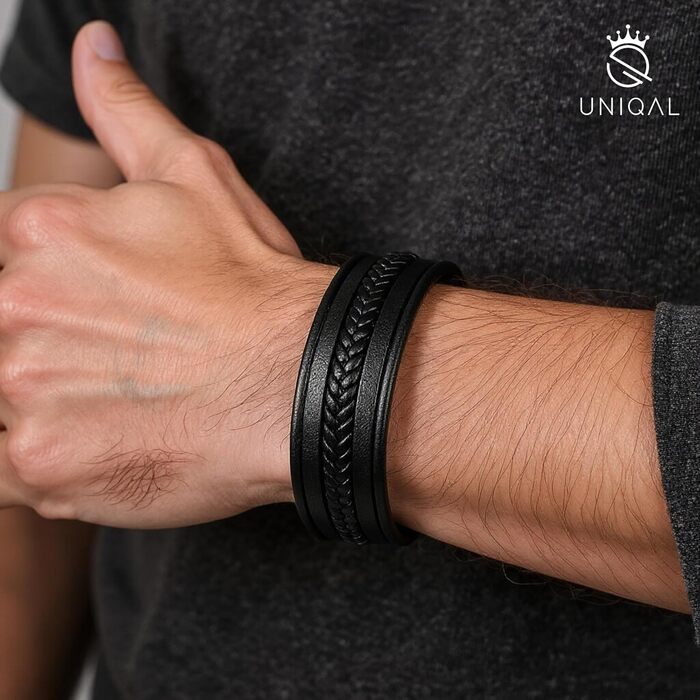 Чоловічий браслет UNIQAL 'Premium Style' з натуральної шкіри та нержавіючої сталі | Коробка-подарунок | 19 см