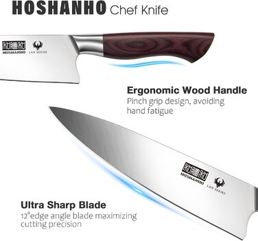 HOSHANHO 20 см кухонний ніж для приготування їжі, професійний японський шеф-ніж з нержавіючої сталі з вуглецевим покриттям та ергономічною дерев'яною ручкою