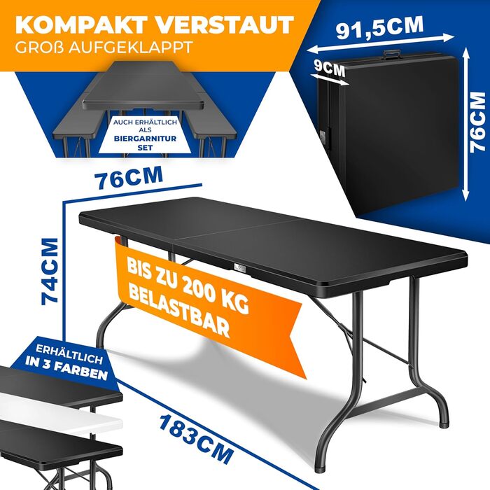 Складний стіл KESSER Buffettisch 183x76 см для кемпінгу, саду, тераси, балкону. Анодований алюміній, 6 осіб, з чохлом та ручкою для транспортування, антрацит