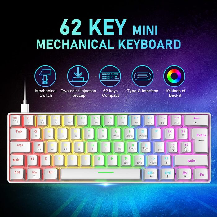 Ігрова клавіатура та миша UK-Layout з підсвічуванням RGB, 62 клавіші, механічна, 6400 DPI (чорний/червоний або білий/синій перемикач)