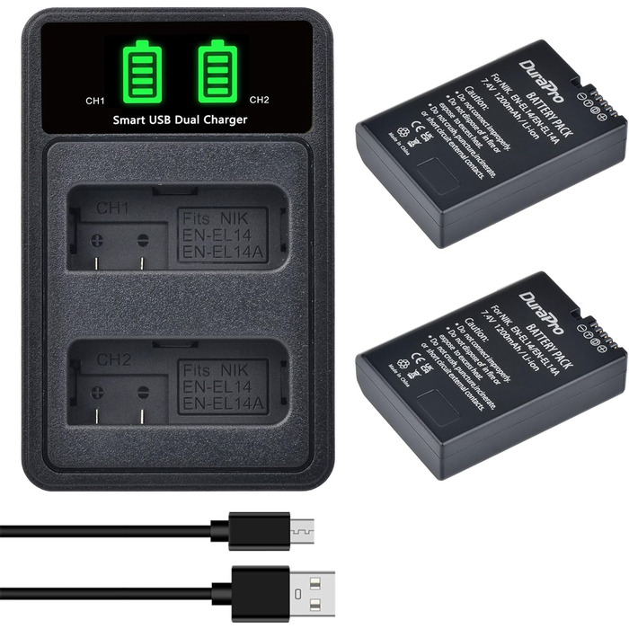 Акумулятор DuraPro EN-EL14 + LED Зарядний пристрій для Nikon P7800, 7700, 7100, 7000, D5600, D5500, D5300, D5200, D5100, 3000, D3400, D3300, D3200, D3100, DSLR