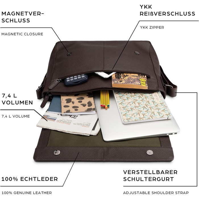 Сумка-месенджер LEABAGS Oxford для ноутбука 15 дюймів, шкіряна, чоловіча/жіноча, 38x31x10 см, Cacao