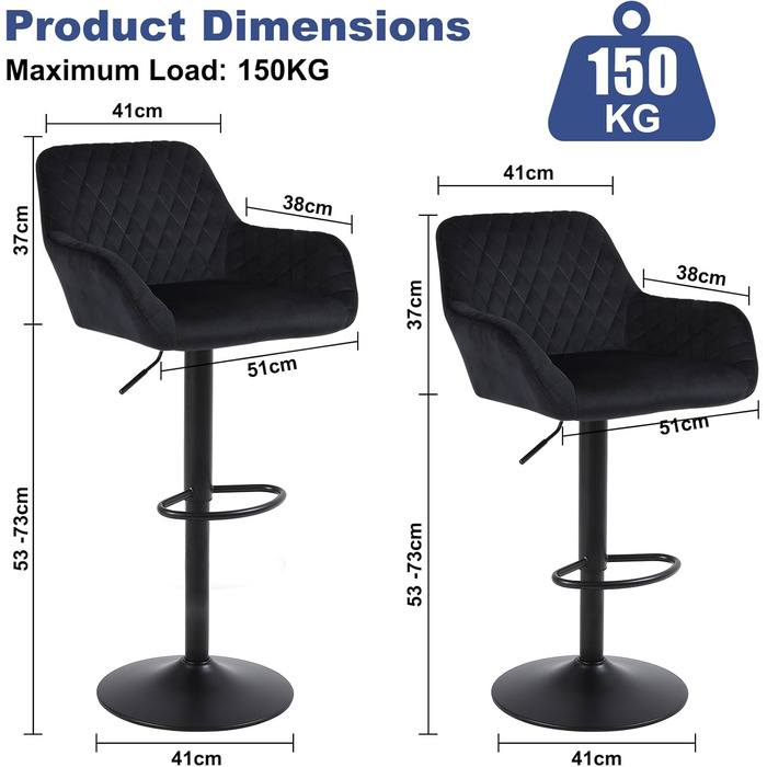 Ralex Velvet Bar Stools 2-Pack - Adjustable Swivel Bar Chairs with Backrest & Armrests for Kitchen, Bar & Counter - Black