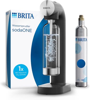 Газова вода BRITA sodaONE (чорний) з CO₂ балончиком та пляшкою PET без BPA | Зробить воду пружною (до 60л на балончик) – газова вода для дому