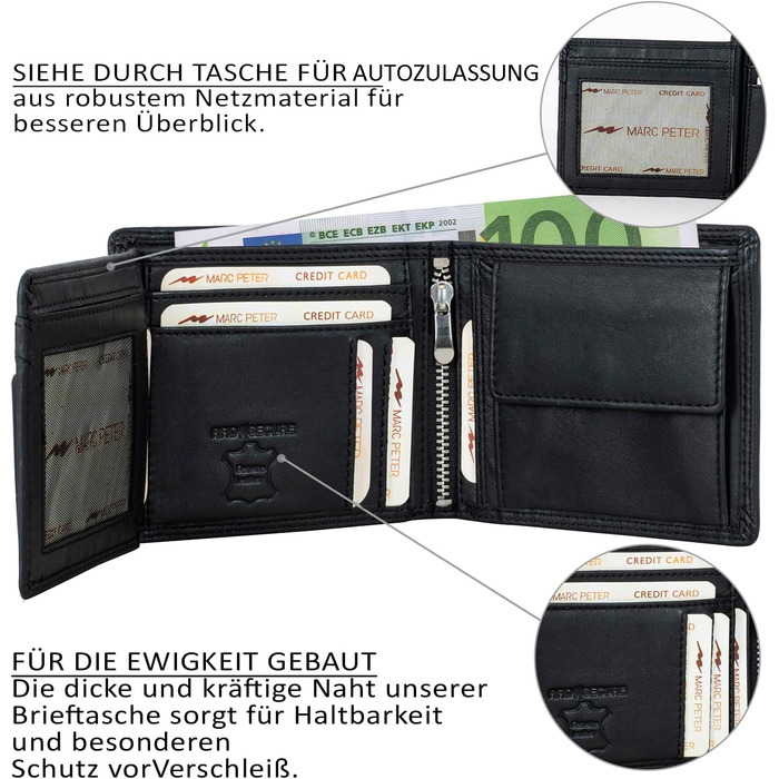 Marc Peter® Genuine Leather Wallet Hanover | Wallet for Men with RFID Protection | Large 10 Compartment Card Holder | Black Nappa Wallet
