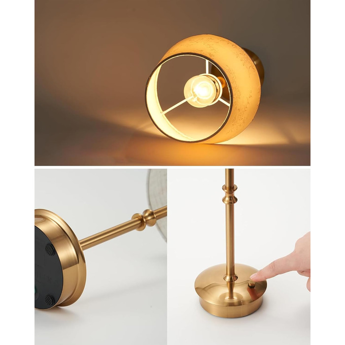 Настільна лампа OCEST на акумуляторі, сенсорне керування, регульована яскравість, для дому, кухні, тераси, їдальні (античне латунь-лінолеум), плафон з шовку 35,5 см