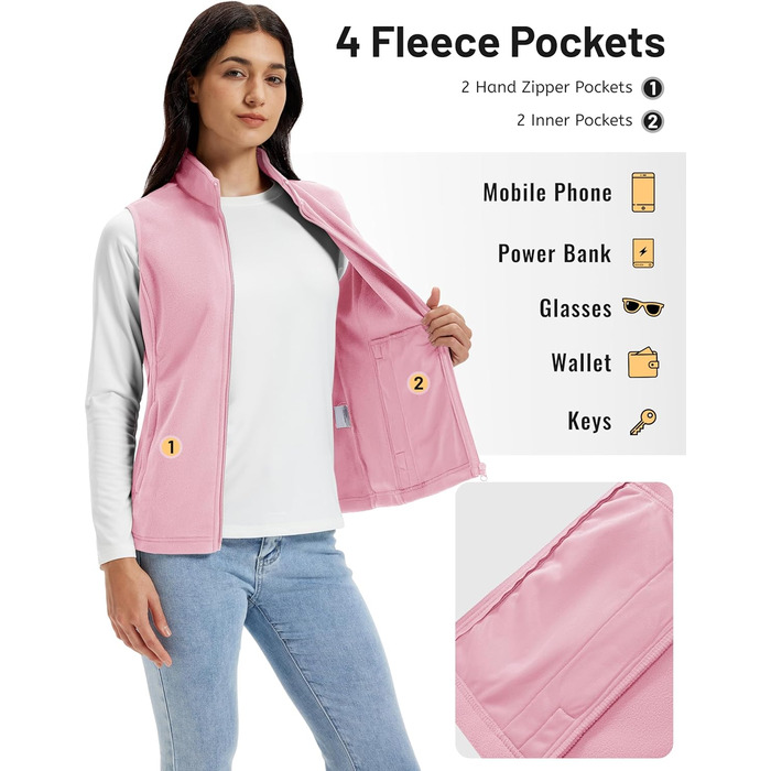 TACVASEN жіноча флісова жилетка Outdoor, тепла жилетка з капюшоном та кишенями на блискавці, спортивна жилетка для жінок (XXL, Рожевий)
