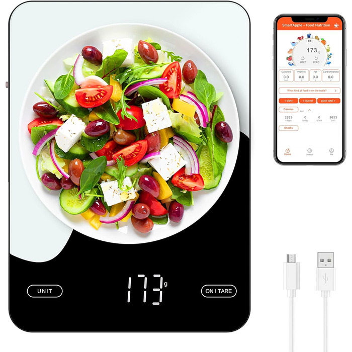 Brifit Kitchen Scale with App - 10kg/1g Digital Food Scale with Calorie Counter, LED Display, Tare Function, USB Rechargeable