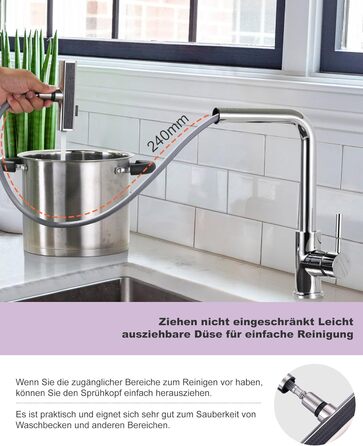 Кран кухонний iVIGA висувний з дощу, водоспад, 360° поворот, мікшер, брашований нікель