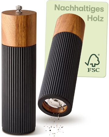 Набір для солі та перцю Praknu з акації FSC® з керамічним жорном – безступеневе регулювання та довговічність – для перцю та солі – дерев'яна млинка для спецій – набір млинок для солі та перцю – чорний – великий