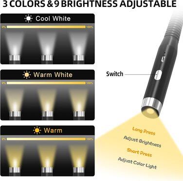 Ліхтарик на шию LED для читання, гнучкий, з USB зарядкою, 3 кольори світла, захист очей для дорослих та дітей, чорний