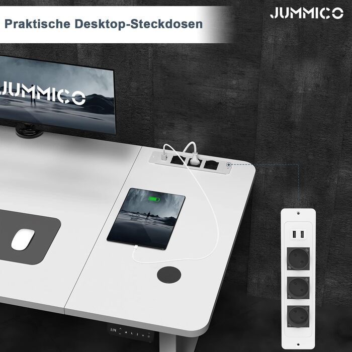 Електричний регульований стіл JUMMICO з бездротовою зарядкою, USB і євро-розеткою, білий 180х80 см – письмовий стіл для роботи стоячи та сидячи