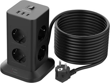 Багаторозетка TESSAN з захистом від перенапруги 3600W 16A, 8 розеток, USB-C, подовжувач 2м, сіра. Розподільник розеток для дому
