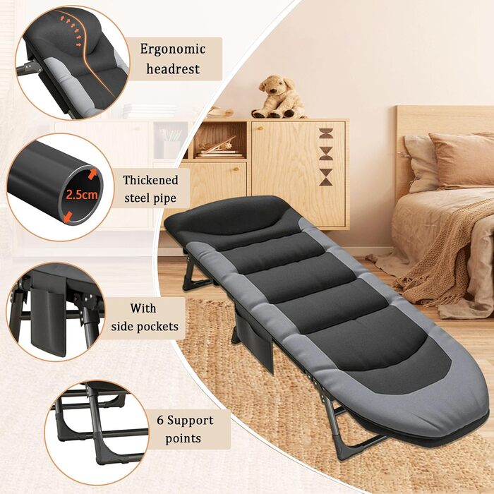 Розкладне ліжко-спальник для кемпінгу з матрацом, регульована спинка, ліжко-карп, ліжко для відпочинку на природі XXL, 65x190x30 см, односпальне розкладне ліжко для гостей, 1 шт.