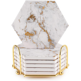 Marble-Style Coasters, Set of 6 - Drink Coasters for Wood Table with Metal Holder - Golden Ceramic Cup Set - Rustic Home Decor, Room Decor, Party