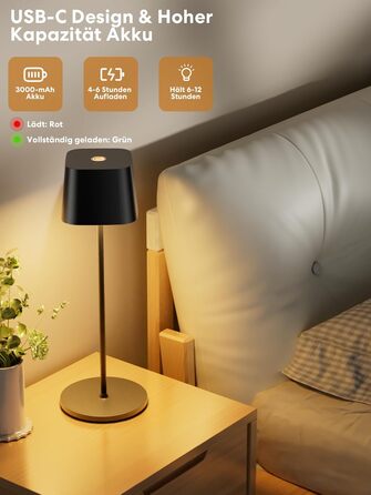Настільна лампа бездротова акумуляторна LED чорна IP54 з USB-C, 3 кольори світла (3000-6000K), диммується, для дому та вулиці, алюмінієва