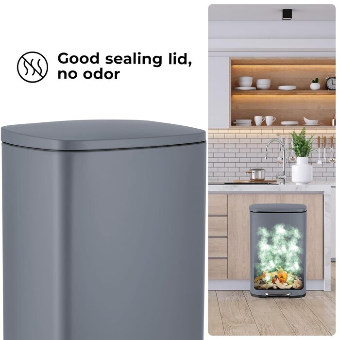 Відро для сміття LIFERUN 30л з кришкою, з м'яким закриттям, сталеве, з внутрішнім відром, для кухні, ванної кімнати, офісу (L-50L, сірий)