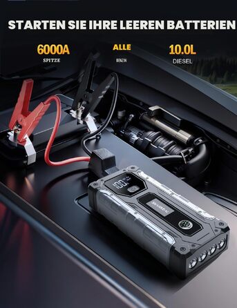 Пусковий пристрій (бустер) для автомобіля SHARMEAL 10000A, 12V Powerbank для бензинових та дизельних двигунів до 10.0 л, з LCD-дисплеєм та LED-ліхтарем