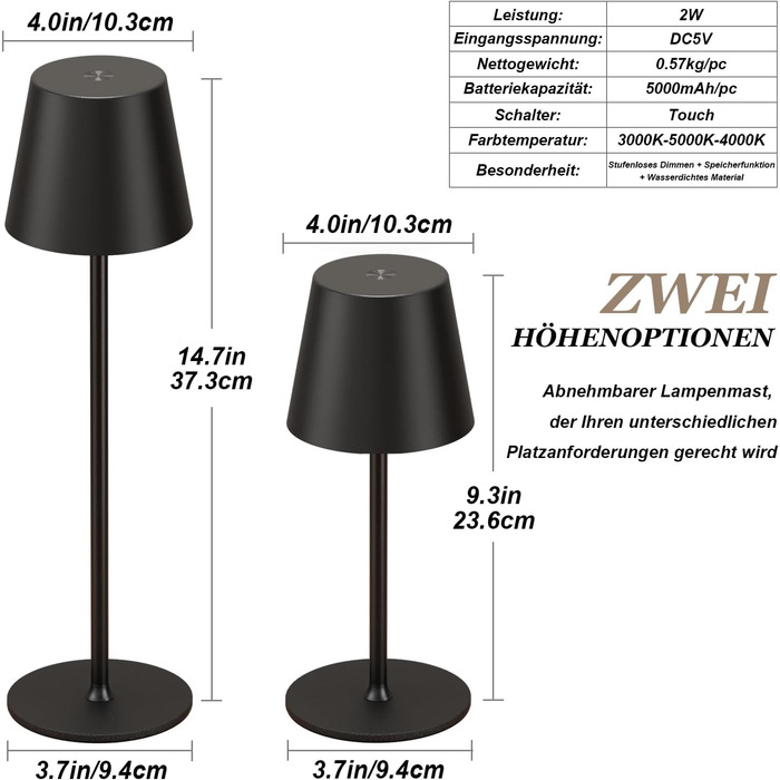 Акумуляторна настільна лампа LED бездротова з USB-C зарядкою, димується, 3 режими світла, чорна - для дому, кемпінгу