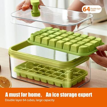 AHOUGER 2023 Ice Cube Tray with Lid & 64 Ice Cube Molds - One-Click Food-Grade Ice Cube Mold for Instant Release of All Ice Cubes (BPA-Free), Green