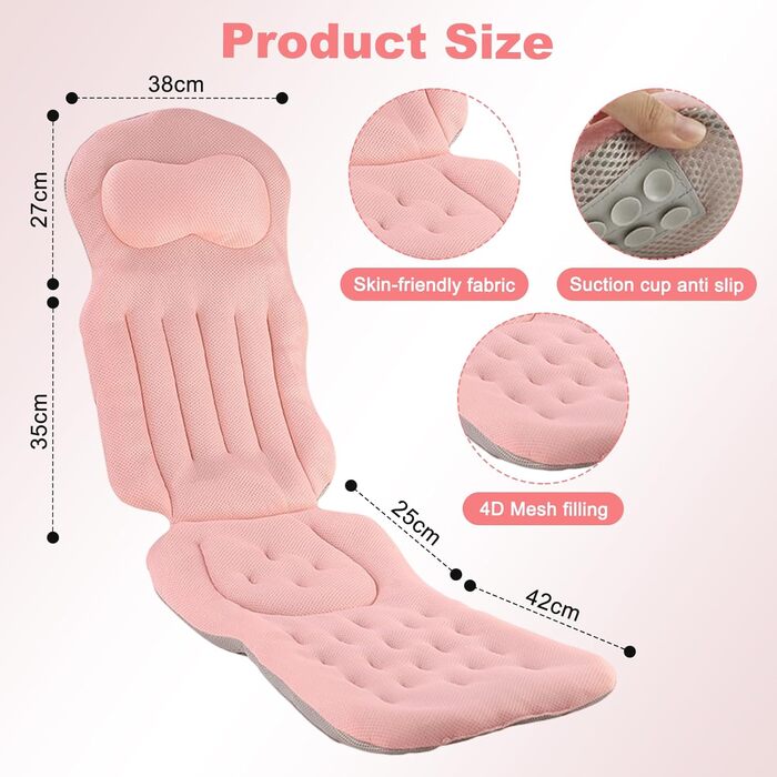 Подушка для ванни Ganz Körper Rosa: м'яка підставка для тіла з підтримкою голови, шиї, спини та ніг. Нековзна підстилка для ванни з присосками та гачками.