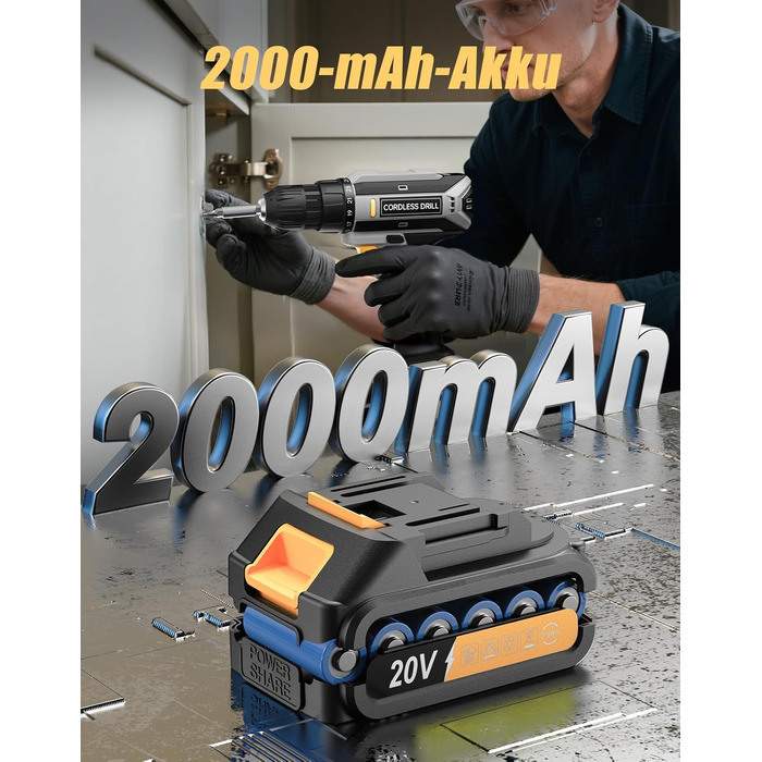 Акумуляторний шуруповерт/дрель 20V, 56 шт. в наборі, 42Nm, LED-підсвітка, сірий колір, для ремонту та DIY-проєктів