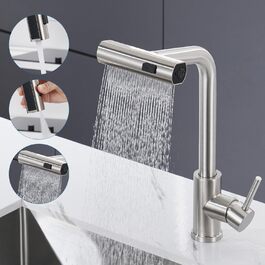 Чорний кухонний змішувач з висувною лійкою, водоспад, високий тиск, 3 режими, 360° поворот, нержавіюча сталь (нікель)