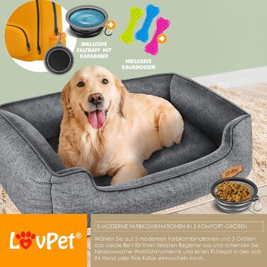 Lovpet® Dog Bed, Dog Cushion, Dog Basket Chiller, Incl. Bowl + 3X Chew Bones, Dog Sofa Cushion for Small, Medium & Large Dogs, Removable and Washable Cover, L 90 x 75 x 25 cm Grey