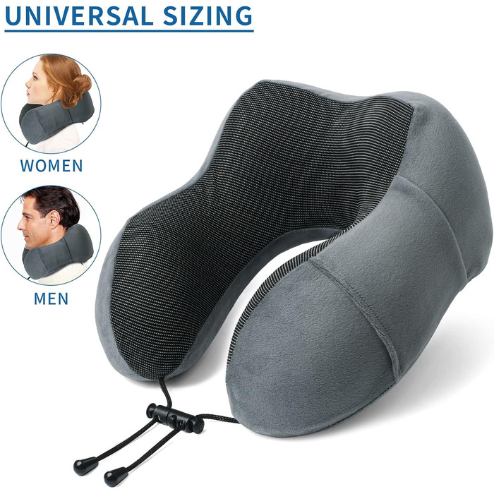 Подушка для шиї у літак - Подушка для подорожей Memory Foam - Подушка-вишенка для дорослих - з 3D-маскою для сну та навушниками - ідеальна для літака, авто, дому, офісу, сіра