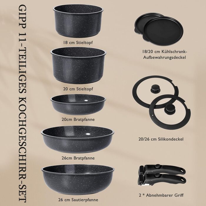 Набір посуду GipP Keramik 11 предметів: антипригарне покриття, для всіх плит, Induktion, PTFE/PFOA/PFOS-free, чорний