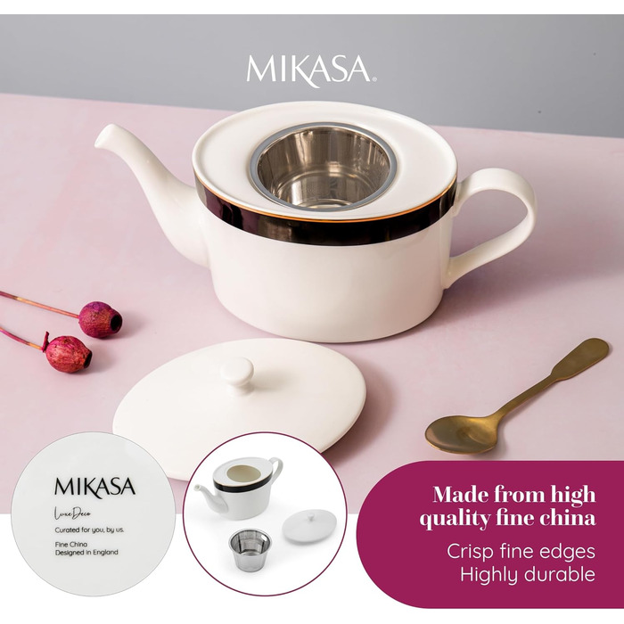 Mikasa Luxe Deco Porcelain Teapot, large 4-cup teapot with filter, 1.1L, Art Deco print and genuine gold accents, dishwasher safe