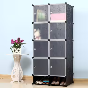 NAIZY Wardrobe Black DIY Plastic Shelf System Closet Organizer with Door, Plug-in Shelf System, Plastic Cabinet (16 Cubes, with 2 Clothes Rails) (8 Cubes, with Shoe Cabinet)