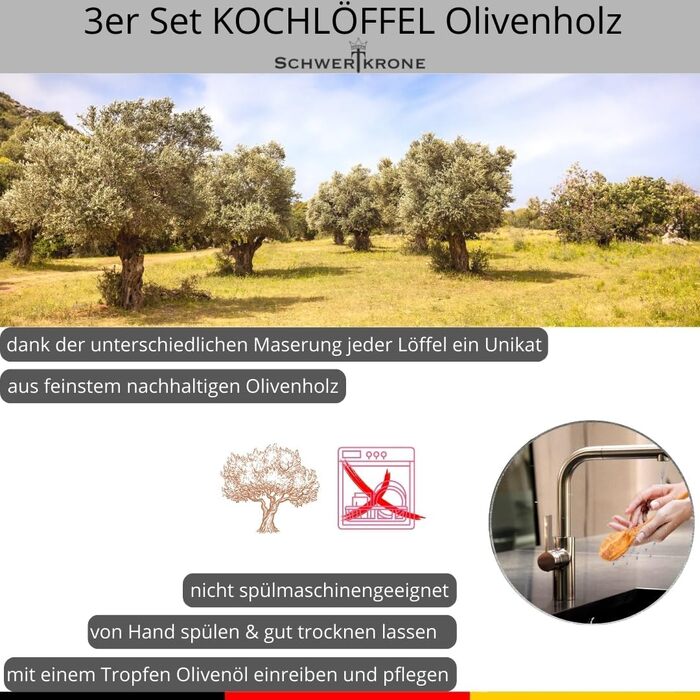 Набір кухонних ложок та лопаток із оливкового дерева Schwertkrone, Італія — антибактеріальні, жаростійкі, для приготування їжі