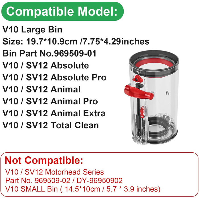 Dyson V10/V12/V13/V27 Replacement Dust Bin - Compatible with Dyson V10, SV12, SV13, SV27 - Part Number 969509-01