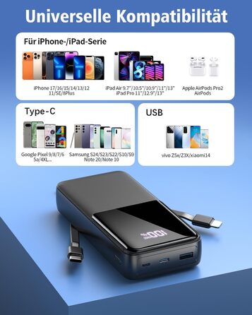 Power Bank 40000mAh 22.5W PD USB-C: Зовнішній акумулятор з 3 портами та 2 кабелями, сумісний з iPhone, Android