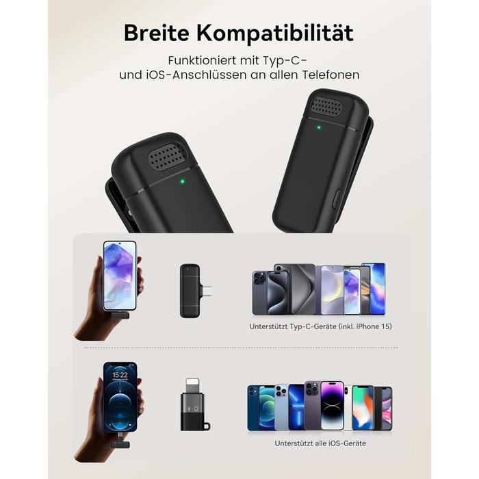 Бездротовий петличний мікрофон з зарядним кейсом, 36 годин роботи, шумозаглушення, 40 м радіус дії, Plug-and-Play для iPhone/iPad/Android/PC, YouTube, Vlog, Live-Streaming, чорний