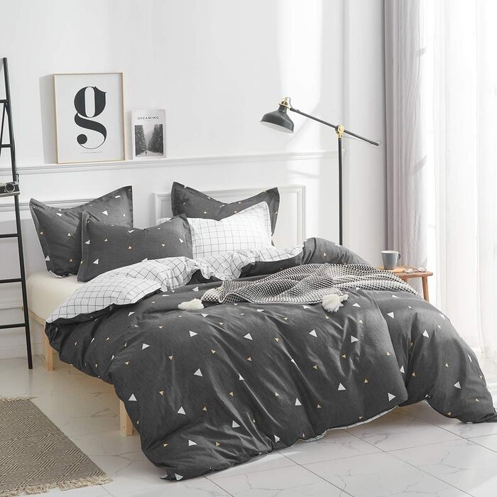 Комплект постільної білизни Uozzi Bedding Queen: 3 шт., блакитний, сірий, трикутний дизайн, 800 TC, мікрофібра з блискавкою, 4 стрічки, сучасний літній стиль для жінок та чоловіків (темно-сірий, Twin (1 комплект простирадла + 2 наволочки))