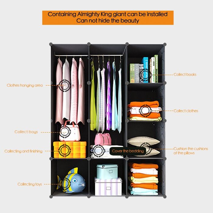 BRIAN & DANY 12-Cube Wardrobe, Modular Closet Storage Unit, Plug-in Shelf System, Plastic Closet with Doors & 2 Hangers, Additional Stickers Included (8 Cube, Black and White)