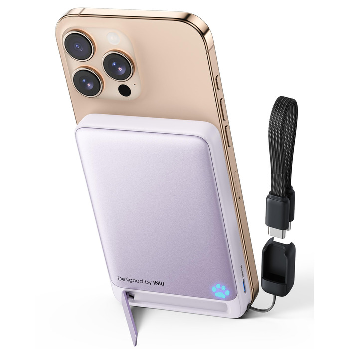 Power Bank INIU MagSafe 10000mAh: Зовнішній акумулятор з бездротовою зарядкою Qi2 45W для iPhone 12-17 (Ліловий) + USB-C кабель