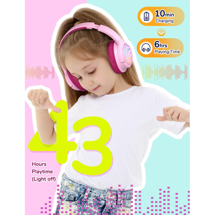 iClever Дитячі навушники Bluetooth з LED-підсвічуванням, обмеження гучності 74/85 дБ, 43 години роботи, стерео звук, Type-C, AUX-кабель, Bluetooth 5.3, для планшетів/подорожей, рожеві