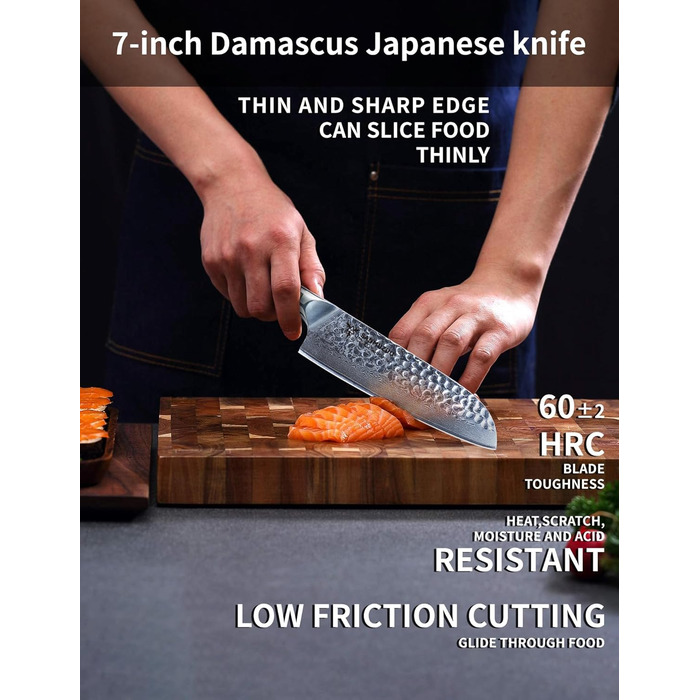 Японський ніж Сантоку 18 см Sanmuzuo Yao серія - ніж для кухні з дамаської сталі та дерев'яної ручки